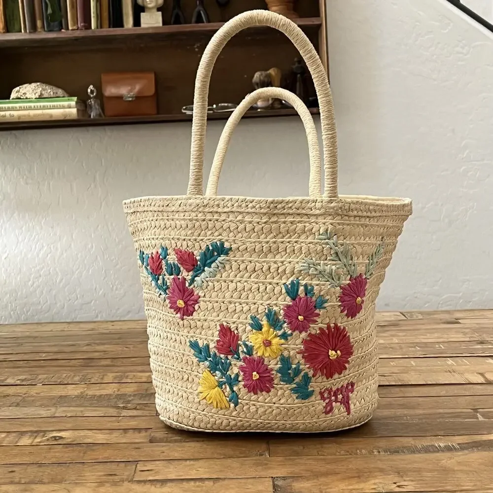 Gap Kids Paper Beach Tote Bag Handbag One Size Embroidered Floral Natural